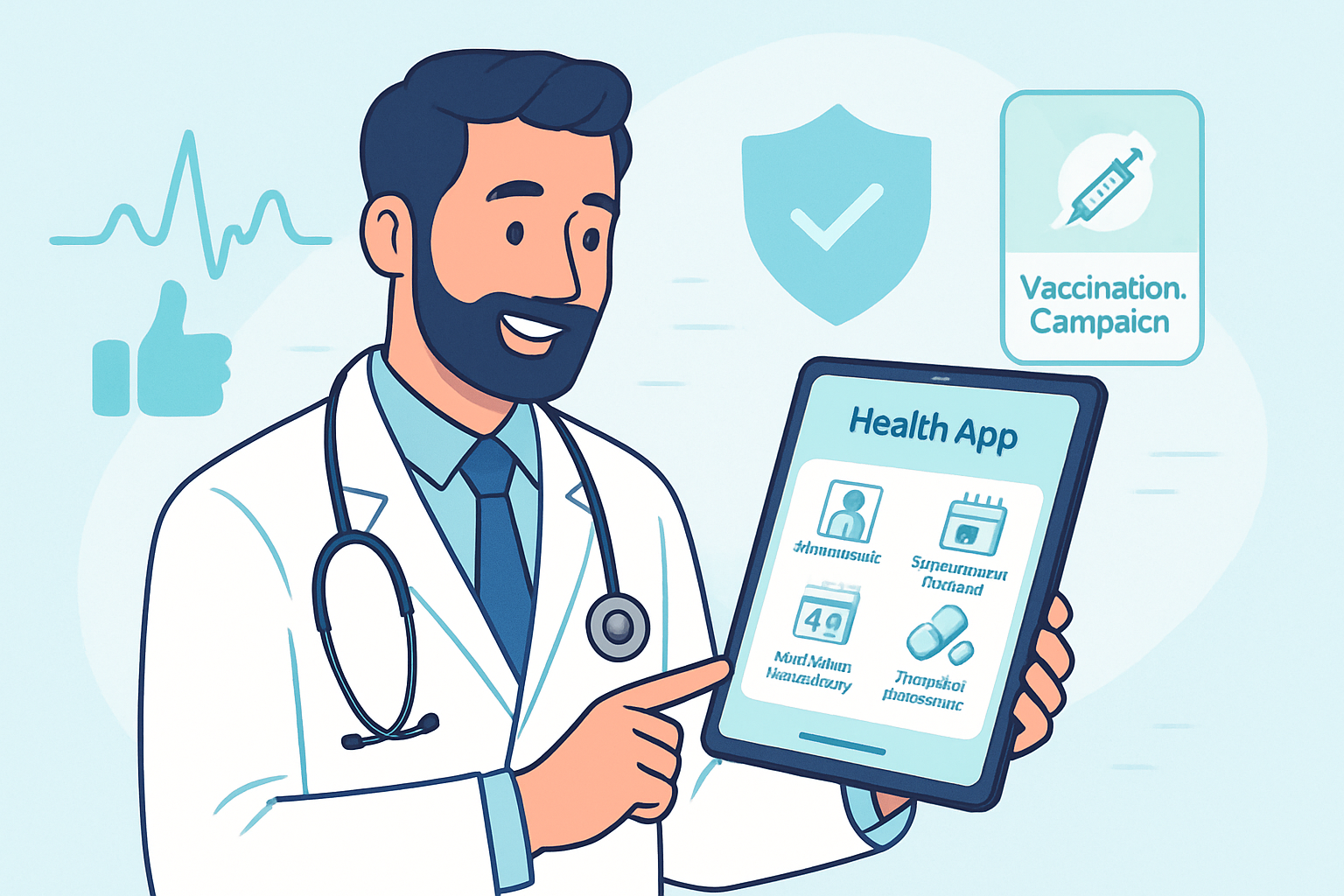 1 Healthcare IndustryPromptA modern empathetic healthcare digital marketing illustration A doctor in a white coat smiles at a tablet showing a patient