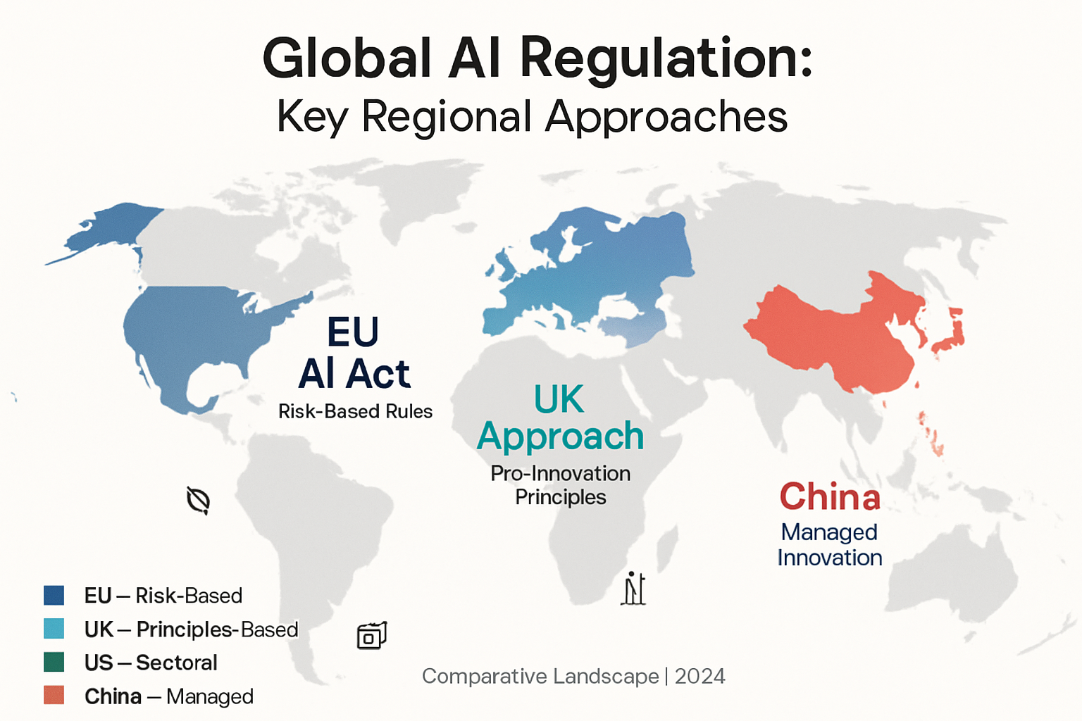 3dmodel Create a clean stylized infographic of a world map with clear text labelsTitle at the top in large bold font Global AI Regulation Key Regional-3