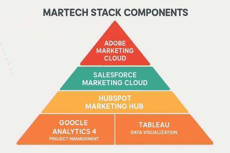 3dmodel Infographic  MarTech Stack Components Create a visual hierarchy pyramid showing the essential components of a marketing operations technology-3