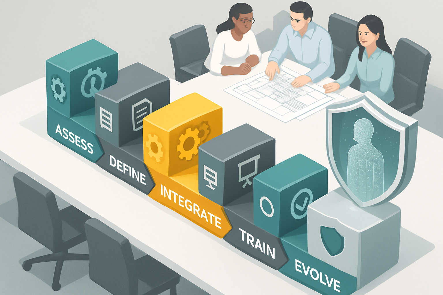3dmodel clean modern flowchart infographic materializing in 3D space above a conference table Each step is a solid interconnected block labeled with i-Dec-03-2025-06-39-31-9092-PM
