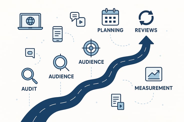 A clean modern infographicstyle illustration showing a roadmap or pathway with 5 connected stepsmilestones each represented by simple icons magnifying glass for audit target for audience calendar for planning chart for measurement refresh arrows for-3