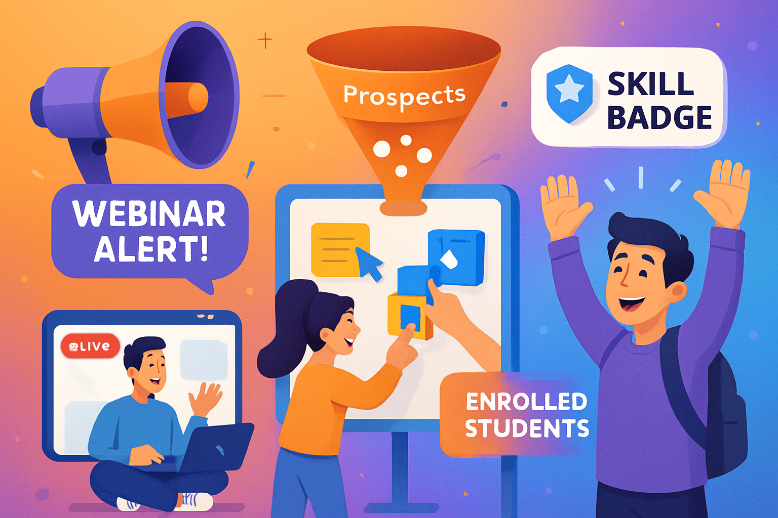 A dynamic engaging digital marketing visual for the education sector A diverse group of students interacts joyfully with various digital elements one