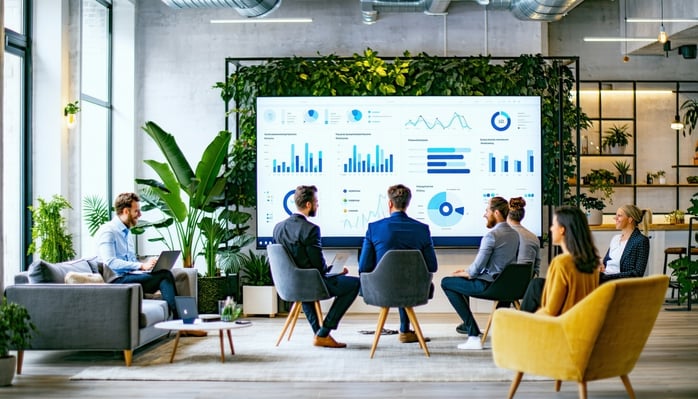 A dynamic highenergy creative agency office interior showcasing diverse business professionals collaborating around a large interactive digital screen displaying data analytics and content marketing strategy frameworks The space is bright and modern-1