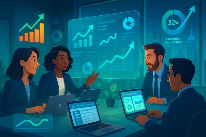 A dynamic hightech office environment representing the integration of sales and marketing operations for business growth The scene features a diverse team of business professionals collaborating around a large holographic display showcasing analytics-1