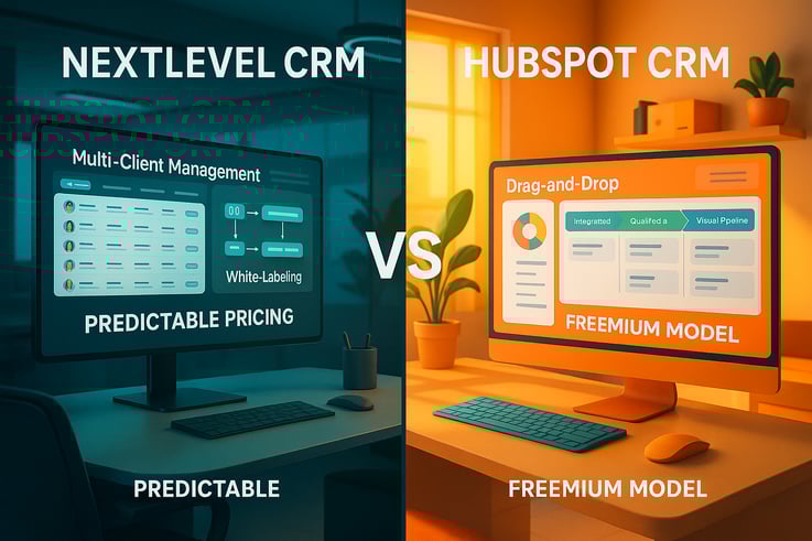 A dynamic splitscene comparison showcasing the contrasting features of Nextlevel CRM and HubSpot CRM On the left an advanced hightech office environment highlights Nextlevel CRM with a large screen displaying a sophisticated multiclient management da-2