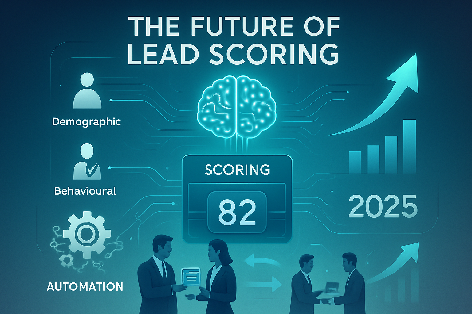 A futuristic corporate infographic titled The Future of Lead Scoring Modern sleek design with a forwardlooking theme Use a gradient background with blue teal and white tones to suggest innovation and technologyVisual elementsAI brain neural network-1