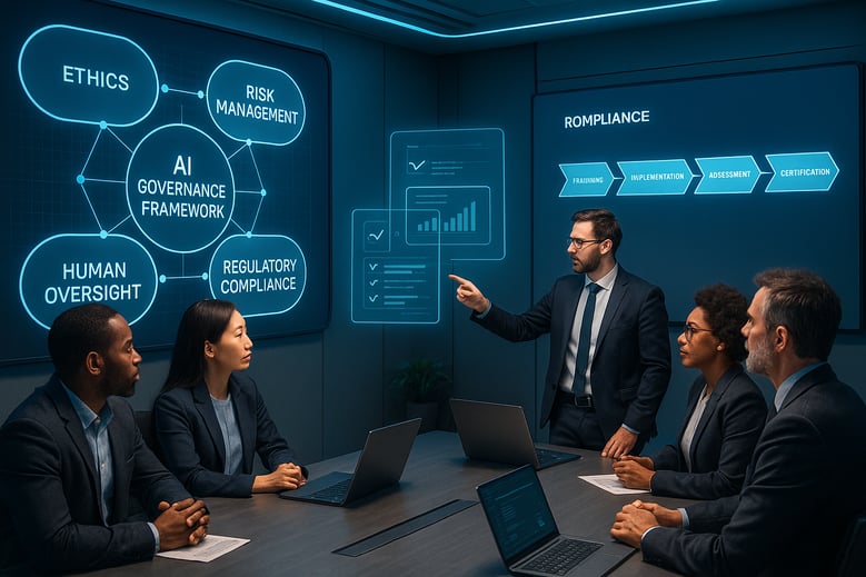A hightech boardroom illuminated by soft futuristic lighting showcasing a diverse team of business professionals engaged in a dynamic discussion about AI governance frameworks On the walls digital displays exhibit interconnected diagrams representing-1