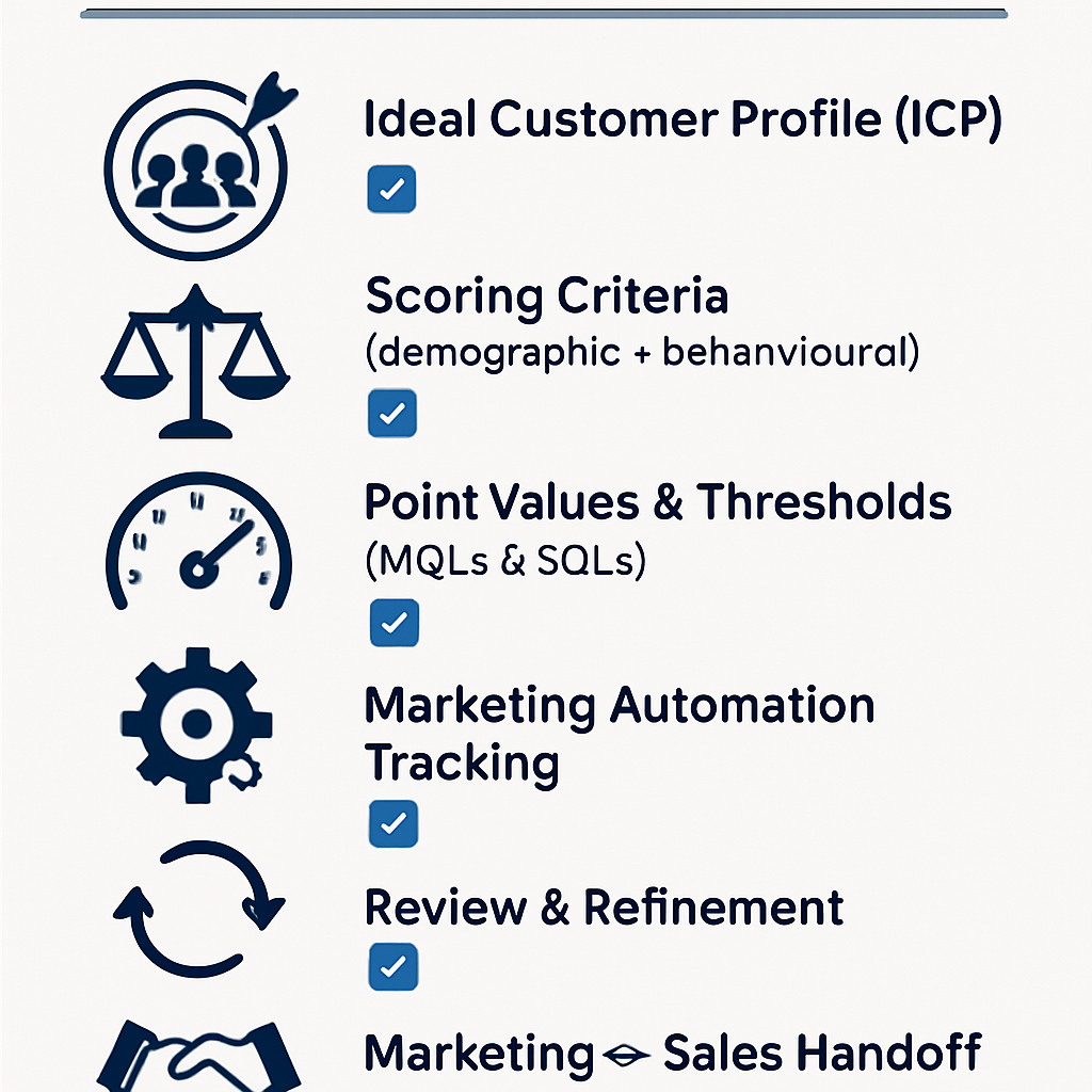 A modern corporate infographic titled Lead Scoring Implementation Checklist Clean white background with blue and gray accents The design shows a vertical checklist with eight steps each represented by a bold icon and short labelVisual elementsA targe-1