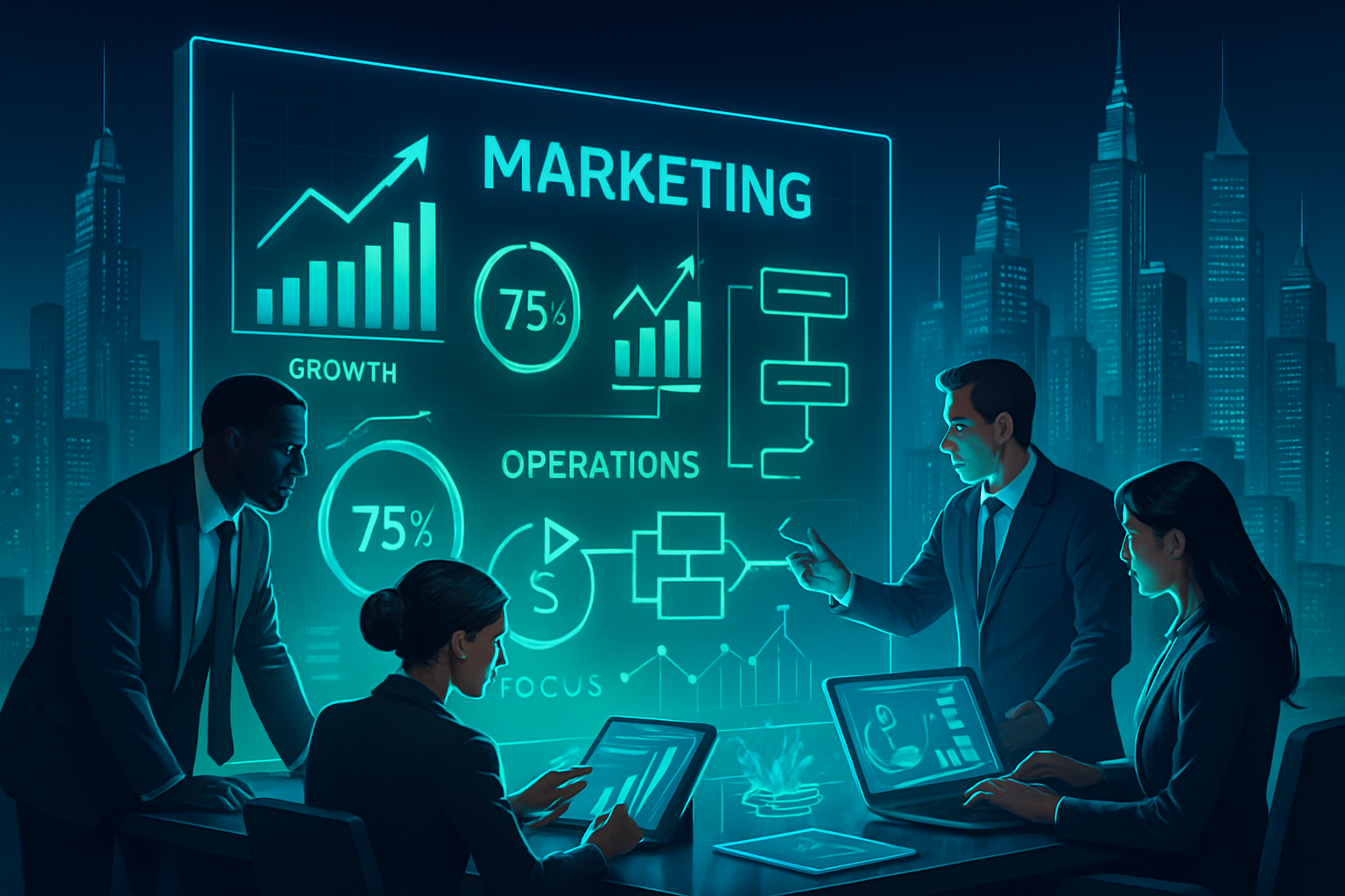 A sleek modern business strategy concept illustration showing a dynamic marketing operations dashboard with graphs KPIs and workflow diagrams glowing