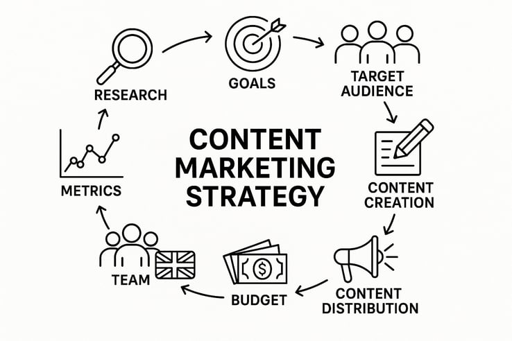 A visually engaging infographic showing the 8 core elements of content marketing strategy connected in a circular flow using your brand colors Include metrics and UKspecific elements to make it more relevant-3