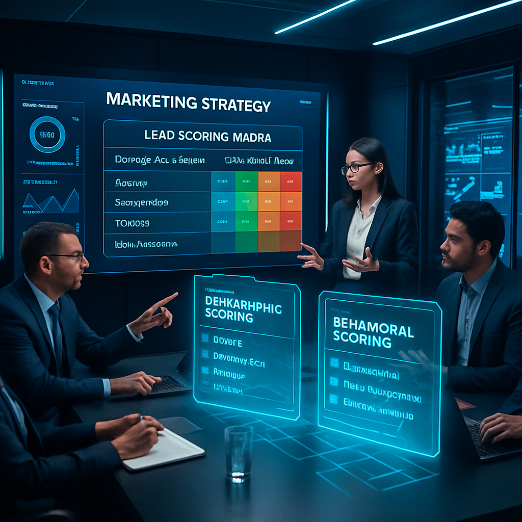 An advanced marketing strategy meeting in a sleek hightech office environment where a diverse group of business professionals are actively engaged in discussions around a digital dashboard displaying a lead scoring matrix The room is illuminated by m-2