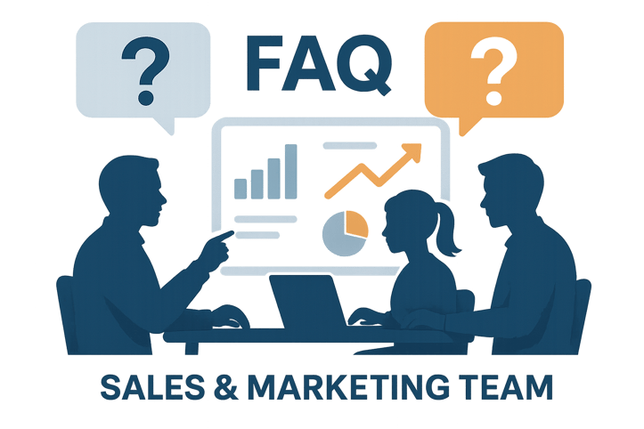Clean FAQstyle infographic with question mark icons and speech bubbles showing sales and marketing team silhouettes collaborating around a shared dashboard modern flat design in professional blue and orange color scheme-1