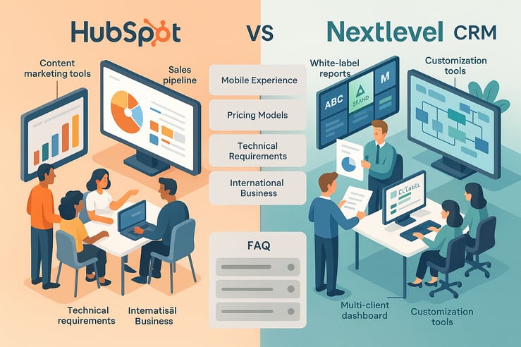 Create a clean professional splitscreen business infographic comparing HubSpot and Nextlevel CRM platformsLeft side HubSpot Show a modern office space with a small marketing team diverse 45 people gathered around screens displaying colorful marketing
