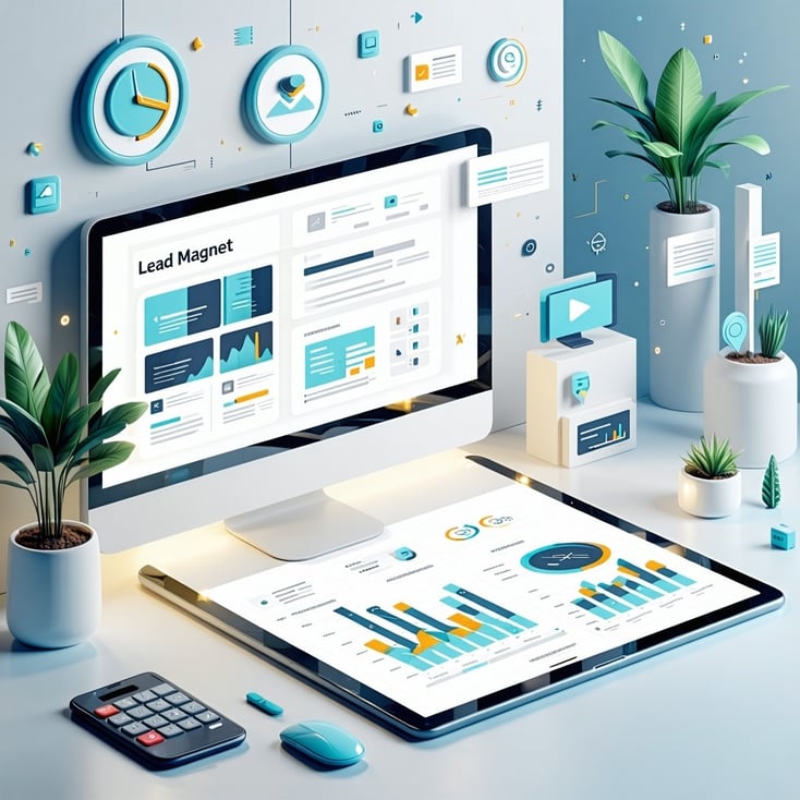 Create a modern professional digital illustration for a lead magnet concept The scene features a clean minimalist layout with a central hero section showcasing a 3D ebook or checklist glowing softly to emphasize immediate value To the left display st-1