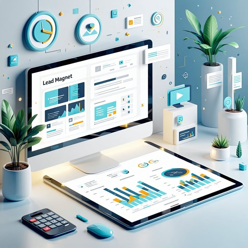 Create a modern professional digital illustration for a lead magnet concept The scene features a clean minimalist layout with a central hero section showcasing a 3D ebook or checklist glowing softly to emphasize immediate value To the left display st-1