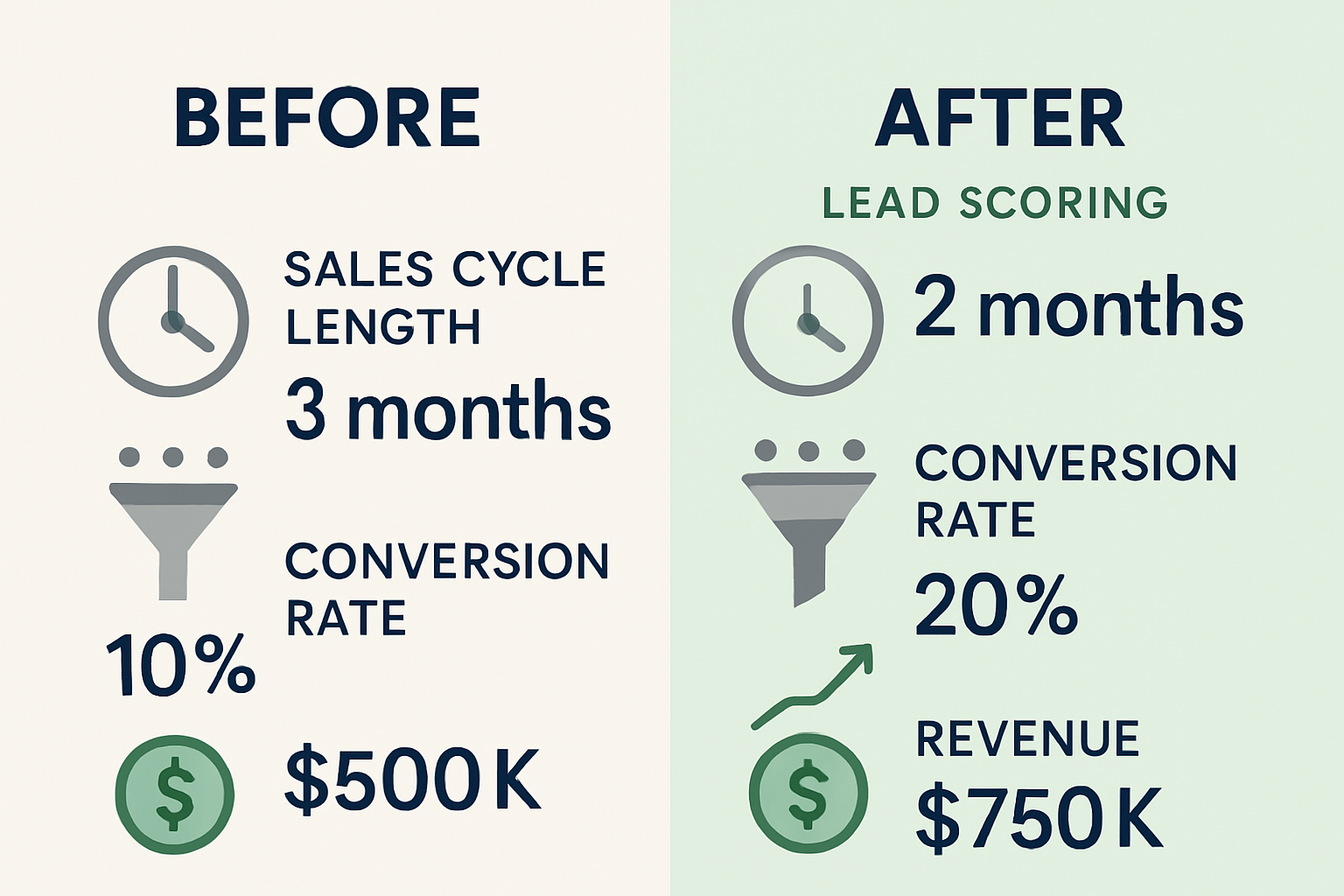 Create a sidebyside comparison showing key metrics before and after implementing lead scoring eg sales cycle length conversion rates revenue-Sep-30-2025-12-32-10-0596-PM