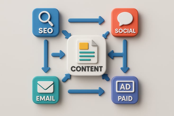 Design a flowchart showing how different marketing channels SEO social email paid interconnect with content at the centre Use icons and arrows to demonstrate content flow between platforms-2