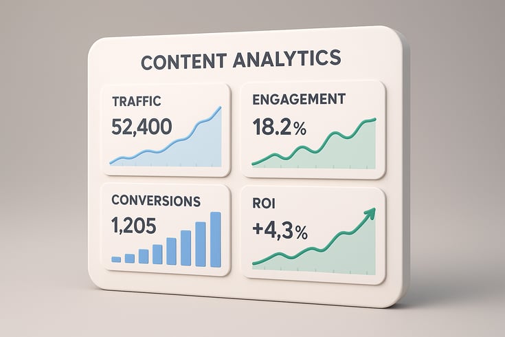 Design a mockup of a content analytics dashboard showing key metrics like traffic engagement conversions and ROI with graphs showing positive trends