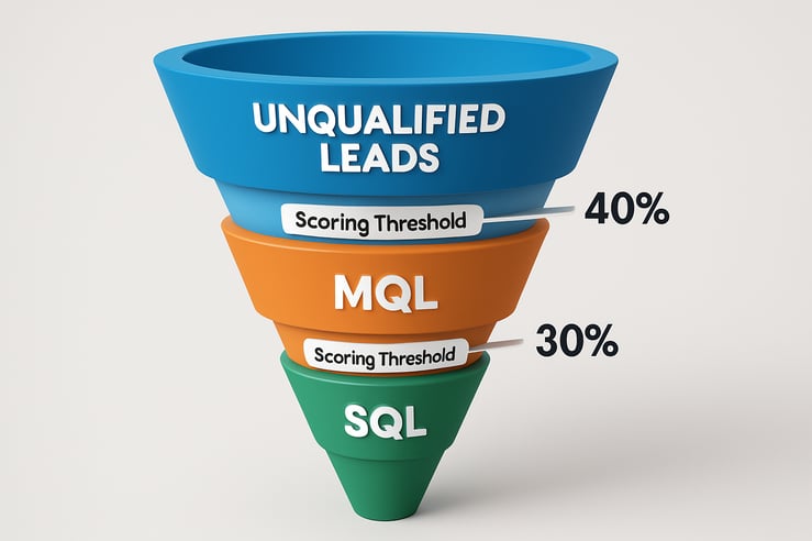 Design a visual funnel that illustrates how leads progress from unqualified to MQL to SQL with scoring thresholds at each stage Include percentage conversion rates at each stage for added impact-3