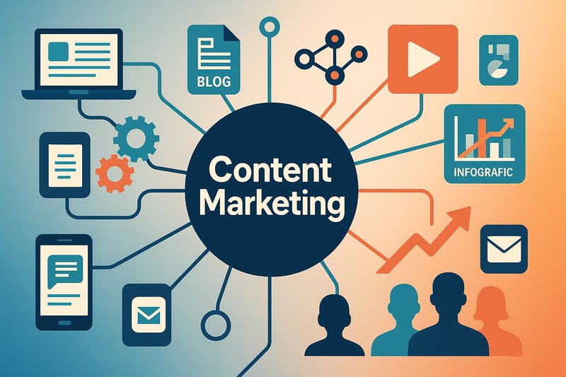 Detailed Image DescriptionCreate a dynamic modern infographicstyle image that symbolizes content marketing strategy The composition should includeCentral ElementsA large interconnected network or mind map representing content strategyCentral hub with-1