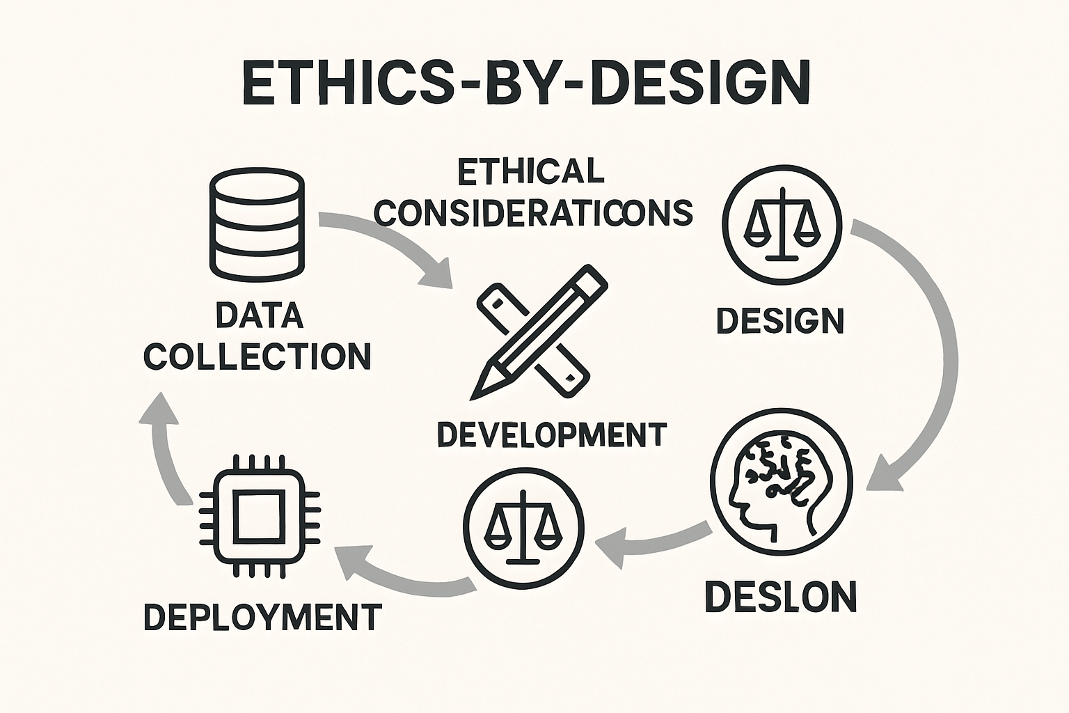 EthicsbyDesign Concept Illustrate the ethicsbydesign concept with a visual showing how ethical considerations integrate at each stage of the AI develo