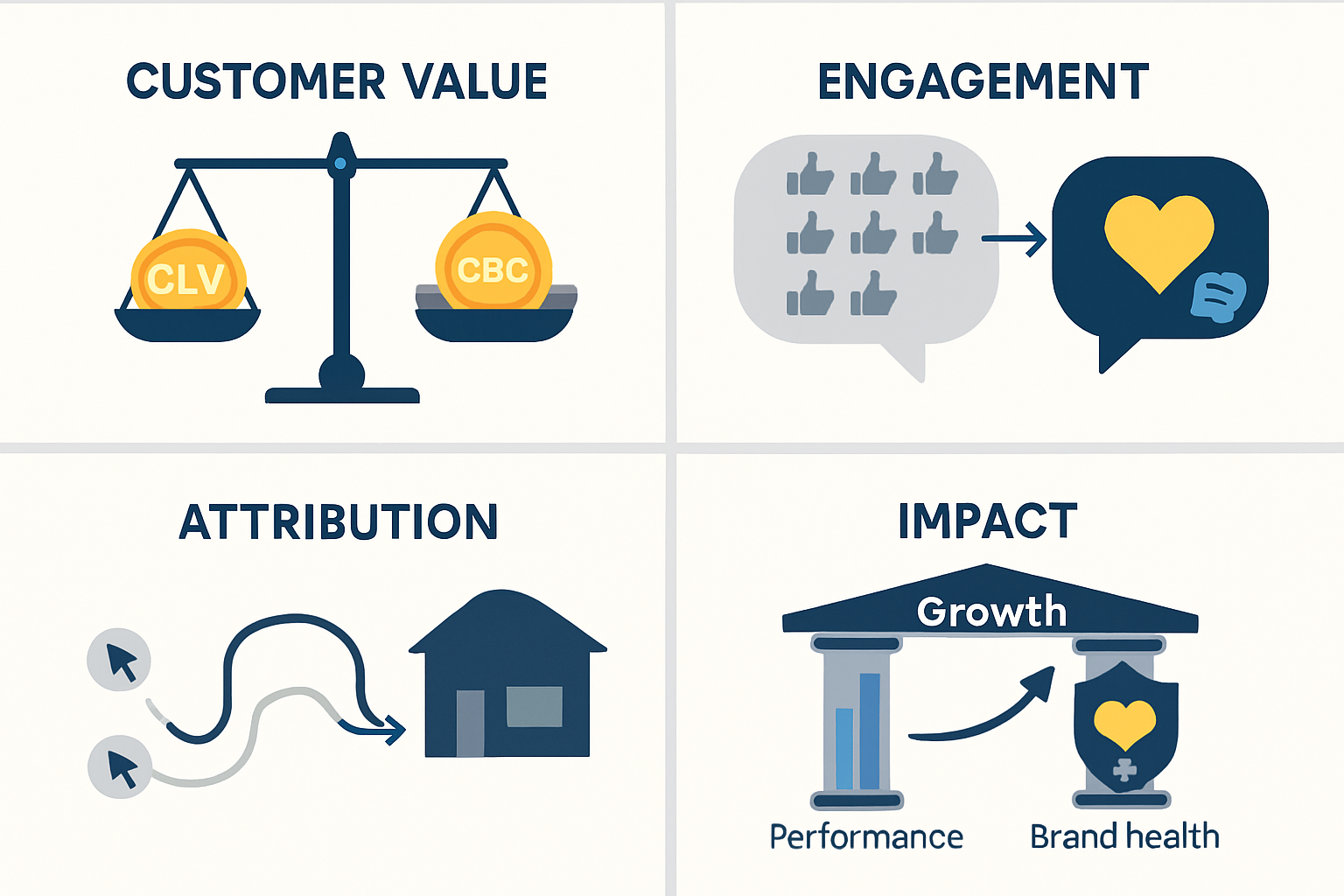 Here is an image prompt designed for clarity in an AI generator visually representing the shift in key marketing metricsImage PromptScene A clean mode-2