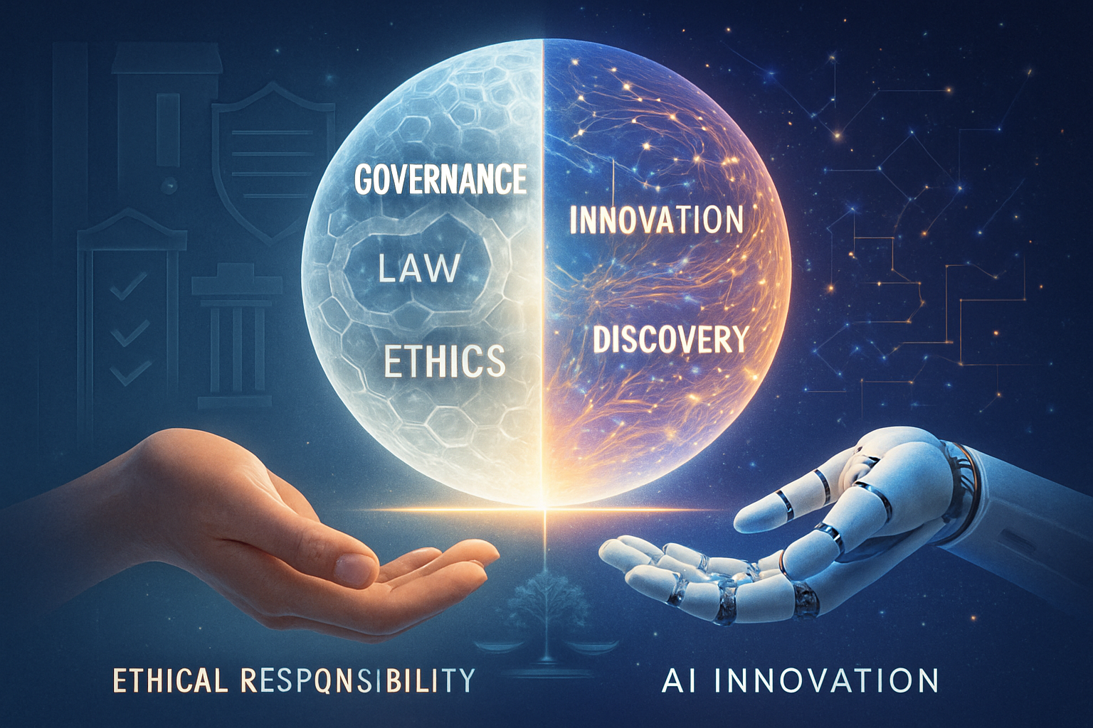 Here is an image prompt visualizing the balance between AI innovation and ethical responsibilityImage PromptSubject A symbolic pair of handsone human-3