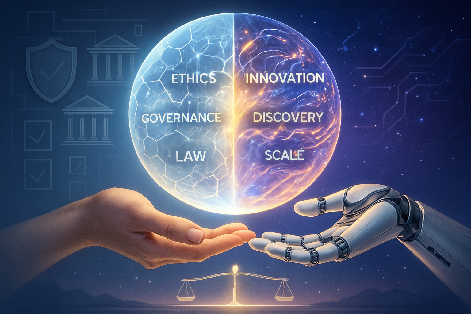 Here is an image prompt visualizing the balance between AI innovation and ethical responsibilityImage PromptSubject A symbolic pair of handsone human