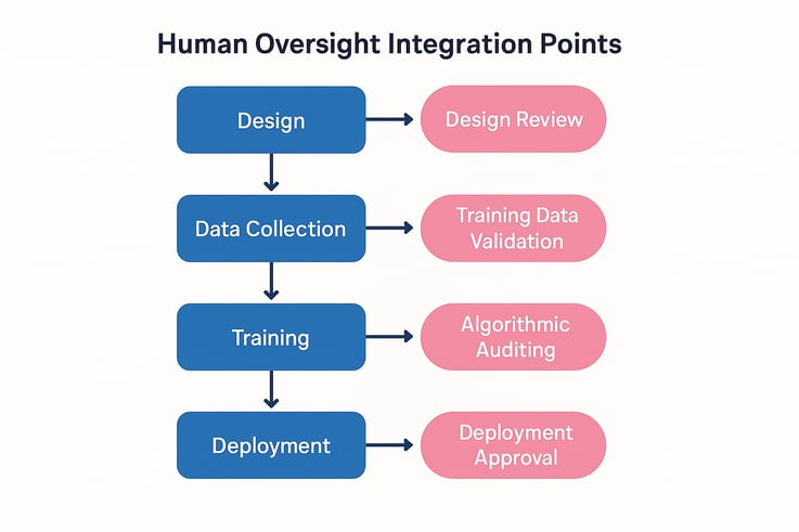 Human Oversight Integration Points Develop a flowchart showing the AI development lifecycle with clear markers where human review should occur including design review training data validation algorithmic auditing and deployment approval-1