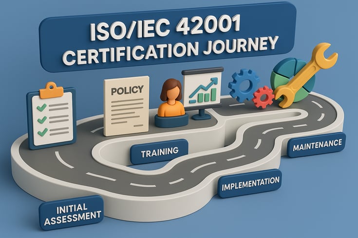 ISOIEC 42001 Certification Journey Create a stepbystep visual roadmap illustrating the certification process from initial assessment through policy development training implementation and maintenance-2