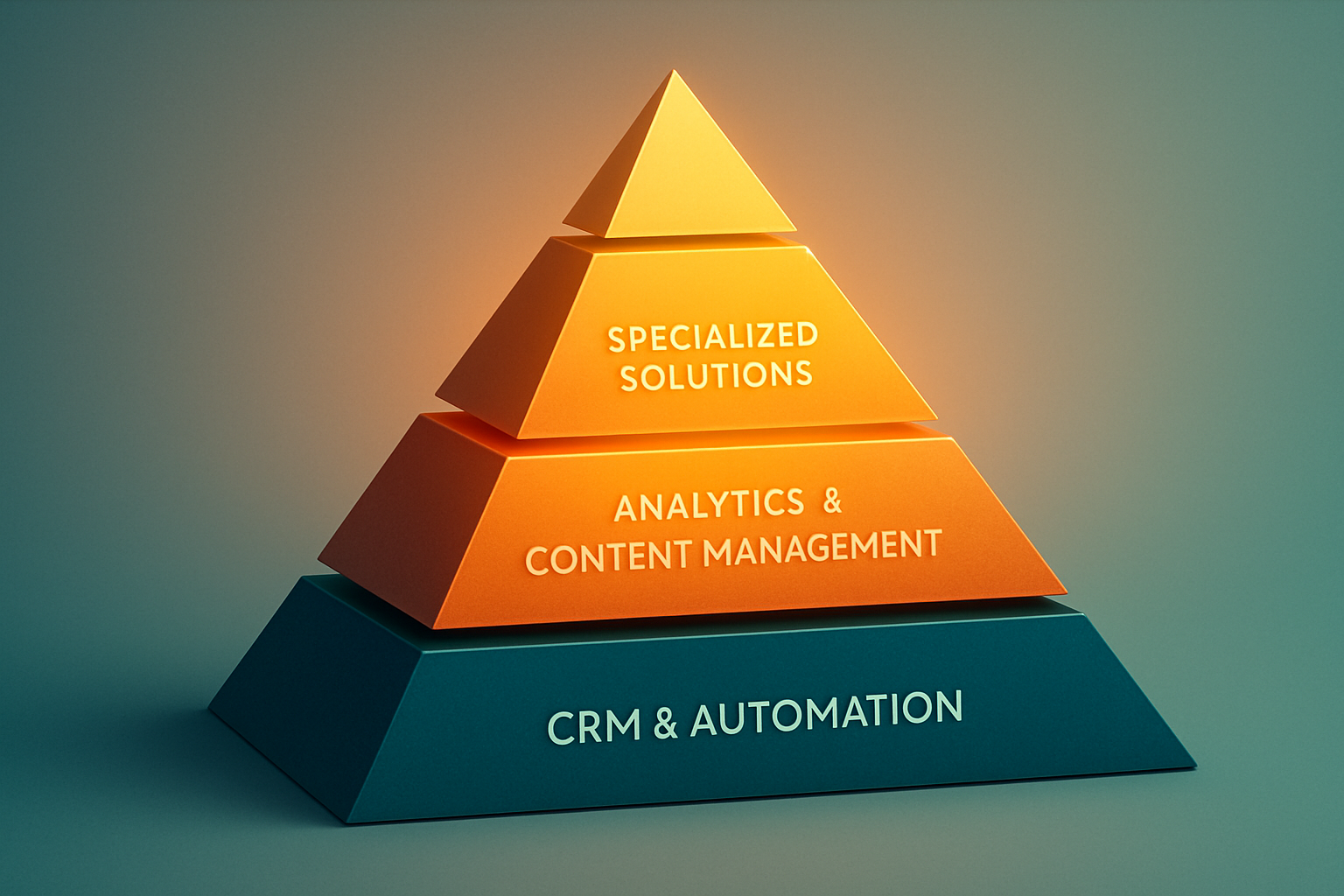 Imagine a sleek layered pyramid diagram representing an integrated marketing technology stack The base features sturdy foundation systems like CRM and-3