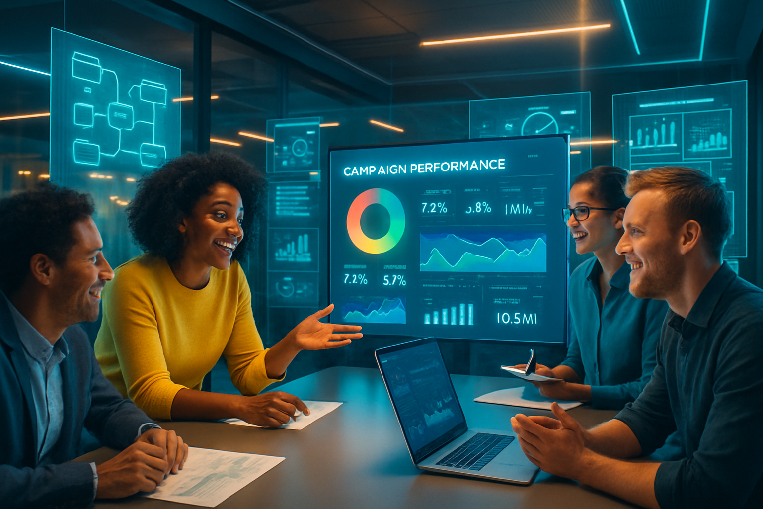 In a cuttingedge office space a dynamic and diverse marketing operations team collaborates energetically around a sleek digital dashboard which glows