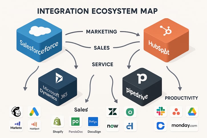 Integration Ecosystem Map Create a visual representation of each platforms integration capabilities showing the different categories of tools and specific popular applications that connect with each CRM-1