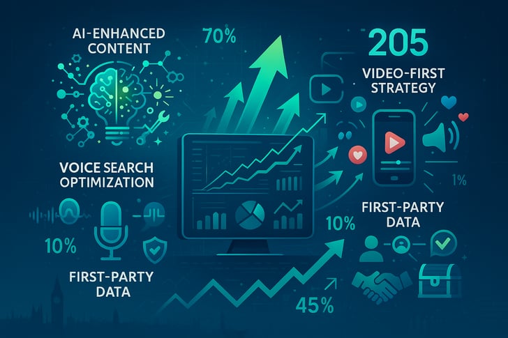 Main Visual ConceptCreate a modern dynamic infographicstyle illustration showing the evolution and adaptation of content marketing trends The image should convey forward momentum digital transformation and strategic thinkingCore Visual ElementsCentra-2