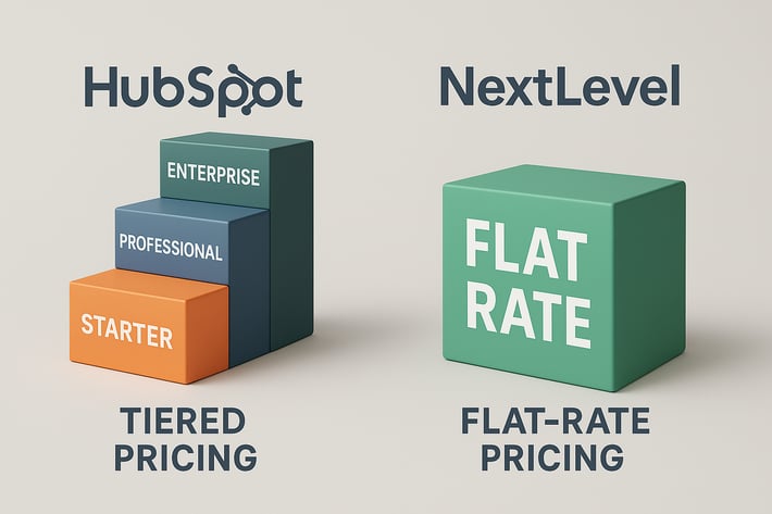 Pricing Structure Visualization Design a sidebyside graphic showing the different pricing approaches with HubSpots tiered structure versus Nextlevels flatrate model