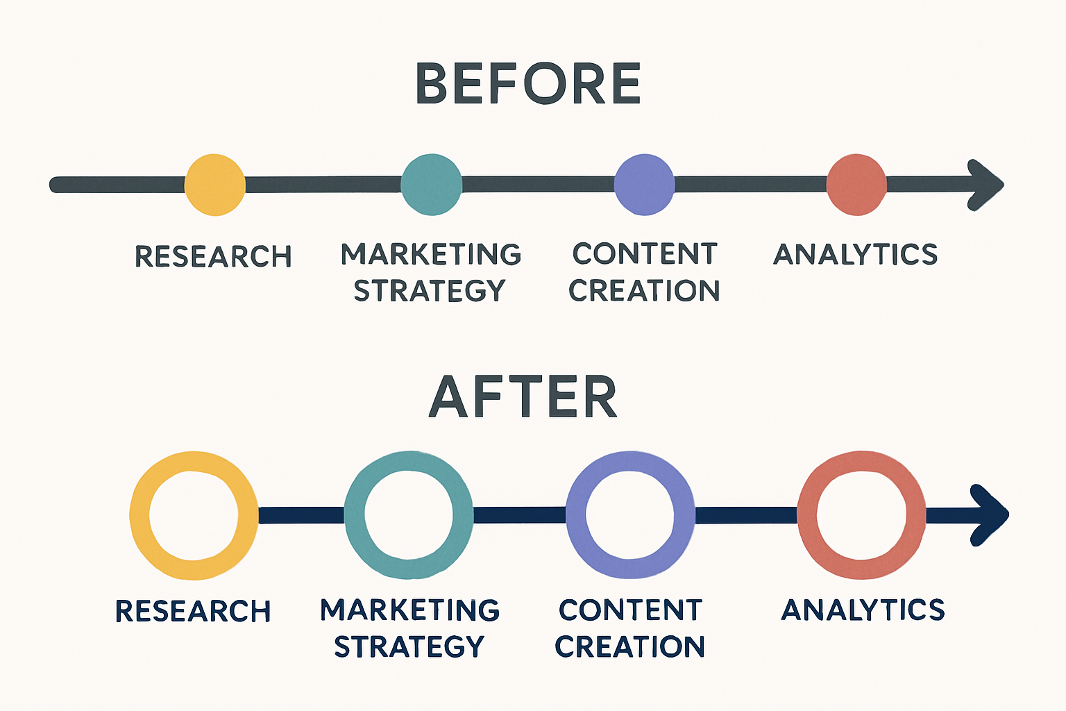Process Optimisation Workflow Design a beforeafter visualisation showing a streamlined marketing process compared to a traditional siloed approach Us-4