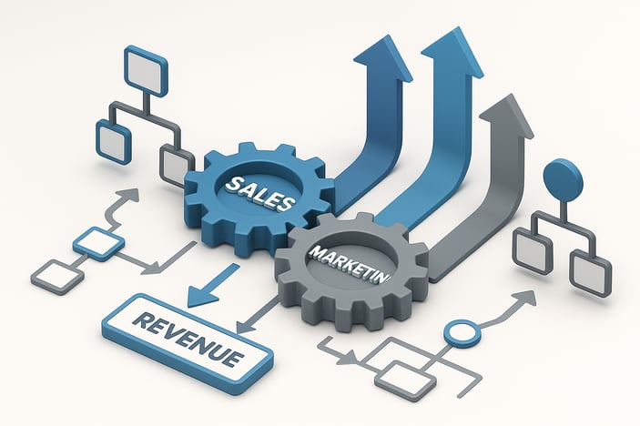 Professional business diagram showing interconnected gears and flowcharts representing sales and marketing teams working together with strategic arrows pointing toward shared revenue goals clean corporate style with blue and gray color scheme
