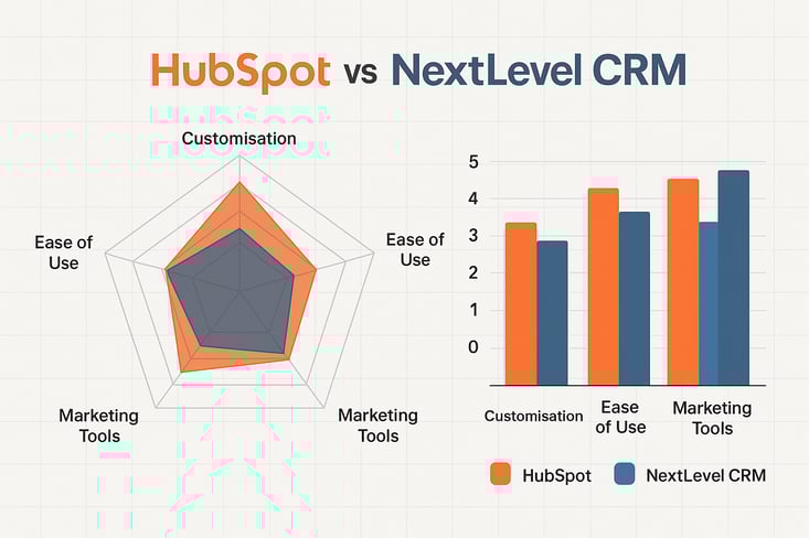 Professional radar chart and bar graph comparison showing HubSpot vs NextLevel CRM performance across four key metrics customisation ease of use client management and marketing tools Clean data visualisation with contrasting colors HubSpot in orange