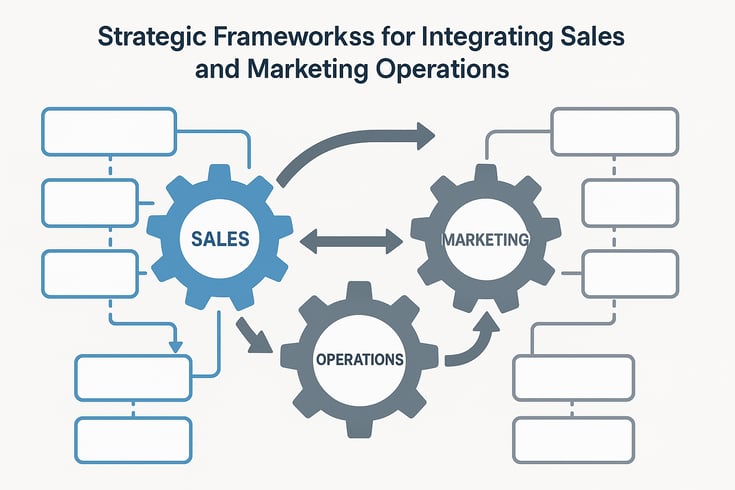 Strategic Frameworks for Integrating Sales and Marketing Operations Professional business diagram showing interconnected gears and flowcharts representing sales and marketing departments merging into unified operations with arrows indicating strategi-1