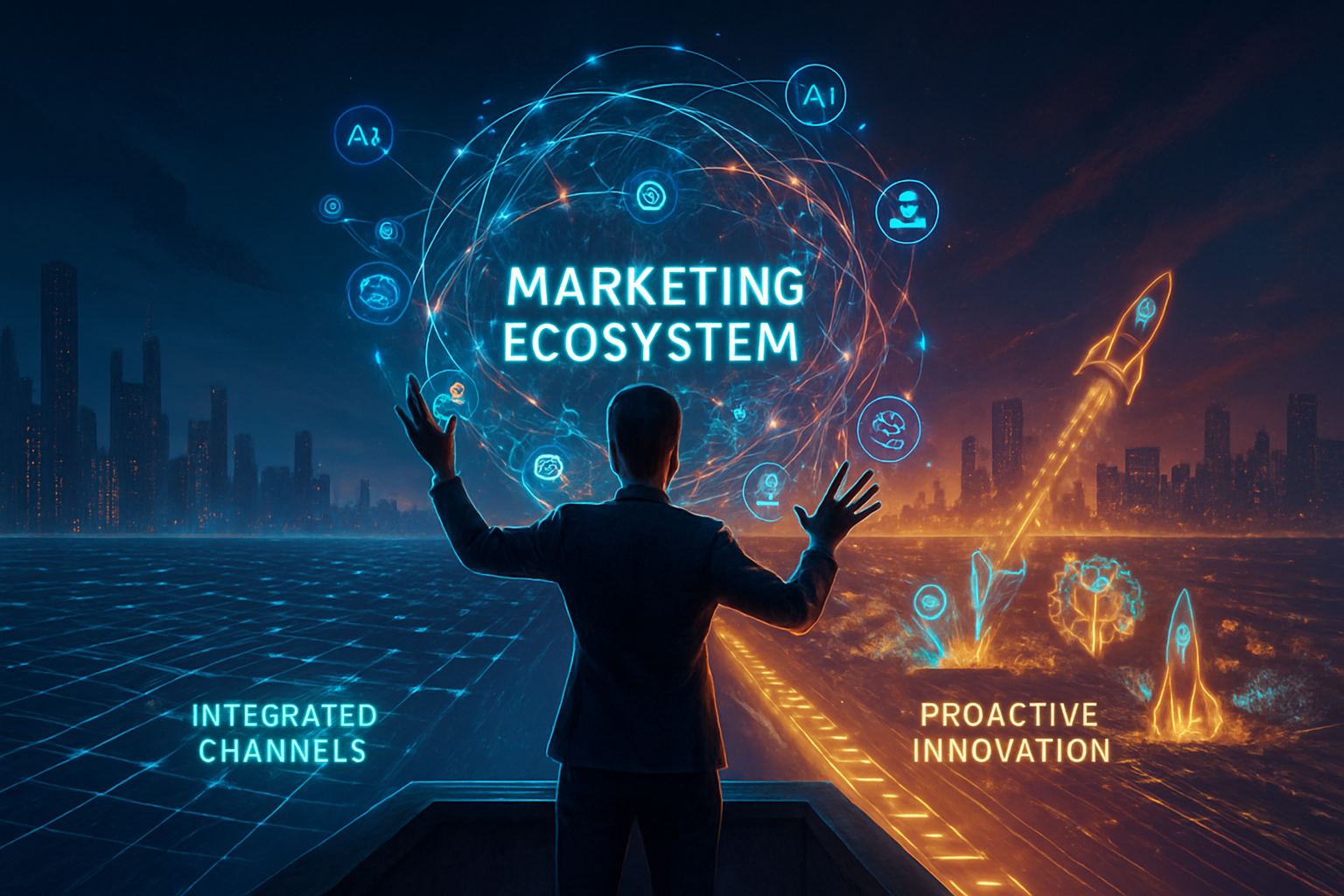 Thats a powerful statement Here is an image prompt to visualize this forwardthinking concept of proactive innovationled marketing Image PromptSubject