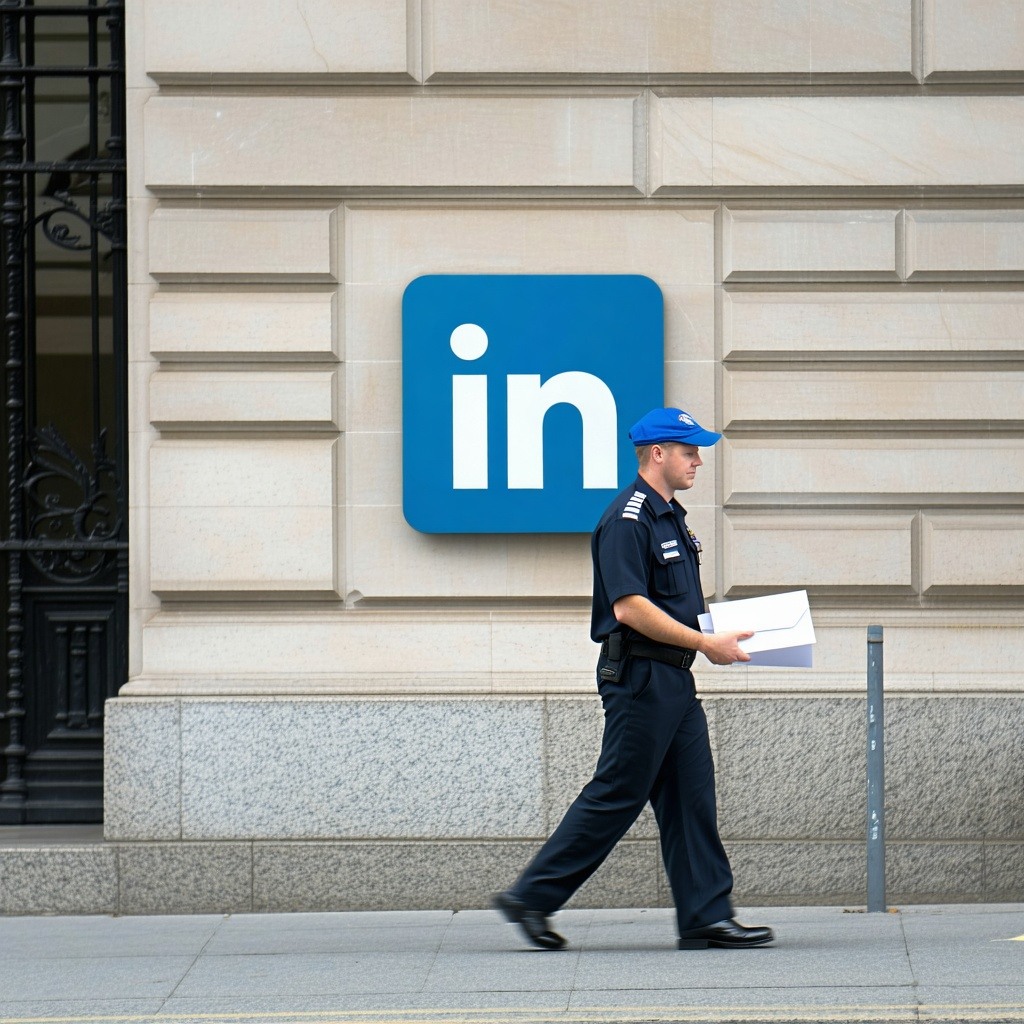 The LinkedIn Logo and a postman delivering to some building-1