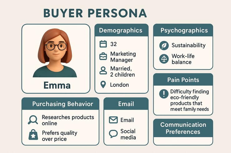The visual template for a detailed buyer persona should include sections for essential components such as demographics psychographics pain points purchasing behavior and communication preferences Each section should have visual icons or graphics to e-2