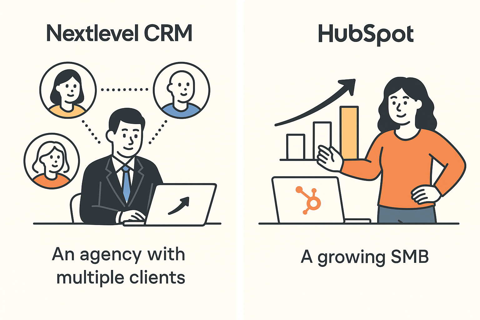 Use Case Illustrations Design simple illustrations representing the ideal business scenarios for each platform such as an agency with multiple clients for Nextlevel CRM and a growing SMB for HubSpot