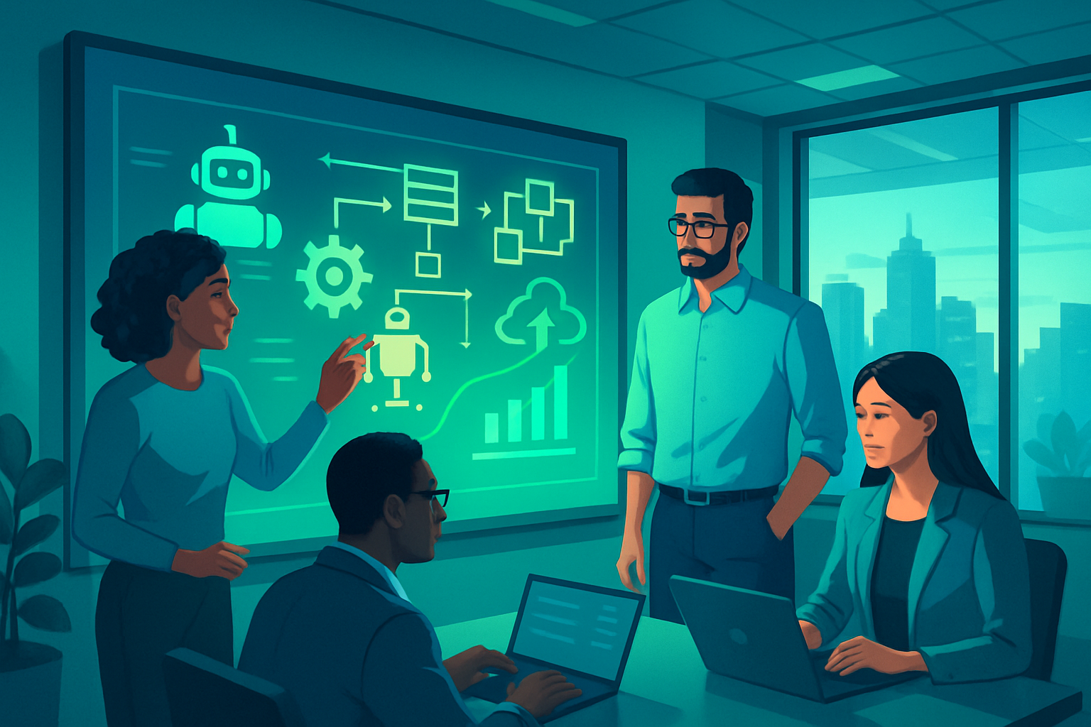 digitalart In a modern office filled with sleek technology a diverse group of professionals collaborates around a large interactive digital display sh-1