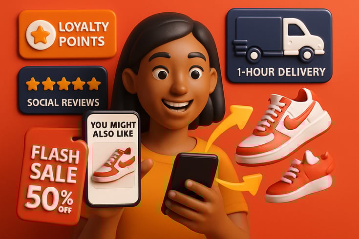 lineart  Retail IndustryPromptA vibrant personalized retail digital marketing scene A smiling customer holds a smartphone displaying a You Might Also-3