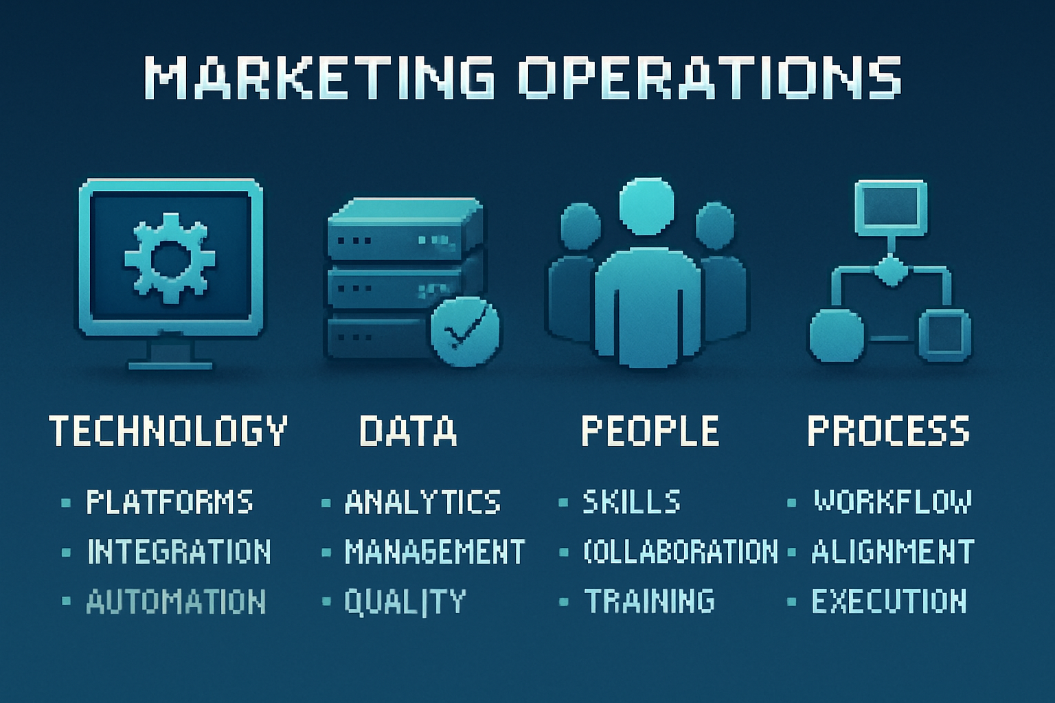 pixelart Create a sleek and modern infographic that elegantly illustrates the four pillars of marketing operations Technology Data People and Process