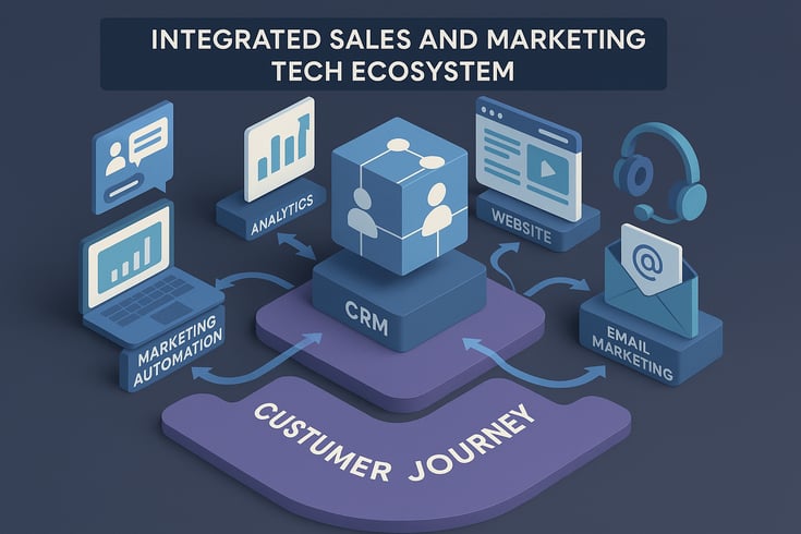 technology Stack Visualisation Integrated Sales and Marketing Tech Ecosystem Design a comprehensive illustration showing how different technology platforms connect across the customer journey
