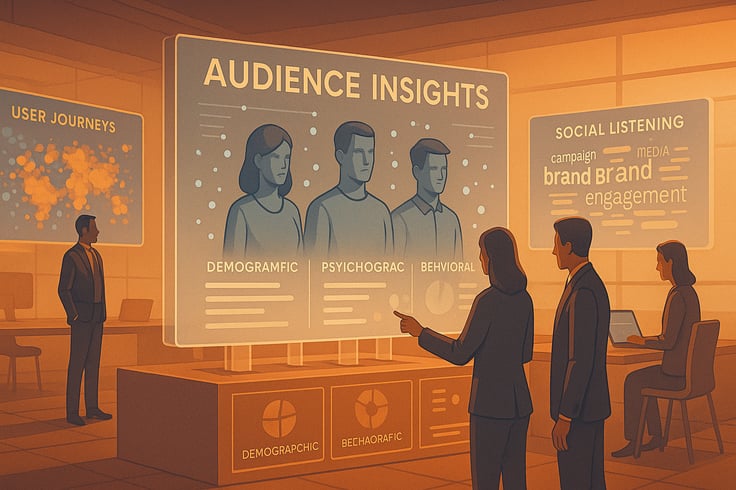 Marketing team analyzing audience data and creating detailed buyer personas with demographic, psychographic, and behavioral insights for targeted content strategy