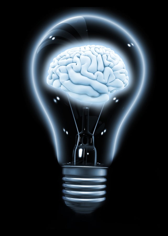 Brain inside a light bulb made in 3d over a black background