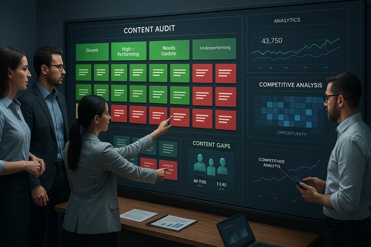 Content marketing team conducting a comprehensive content audit and gap analysis using interactive visualization tools to identify high-performing assets and improvement opportunities